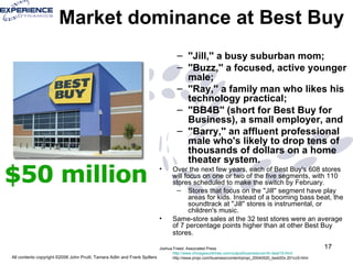 Market dominance at Best Buy ''Jill,'' a busy suburban mom;  ''Buzz,'' a focused, active younger male;  ''Ray,'' a family man who likes his technology practical;  ''BB4B'' (short for Best Buy for Business), a small employer, and  ''Barry,'' an affluent professional male who's likely to drop tens of thousands of dollars on a home theater system. Over the next few years, each of Best Buy's 608 stores will focus on one or two of the five segments, with 110 stores scheduled to make the switch by February.  Stores that focus on the ''Jill'' segment have play areas for kids. Instead of a booming bass beat, the soundtrack at ''Jill'' stores is instrumental, or children's music. Same-store sales at the 32 test stores were an average of 7 percentage points higher than at other Best Buy stores.   Joshua Freed, Associated Press  http://www.chicagosuntimes.com/output/business/cst-fin-best19.html http://www.projo.com/business/content/projo_20040520_best20x.201cc9.html 