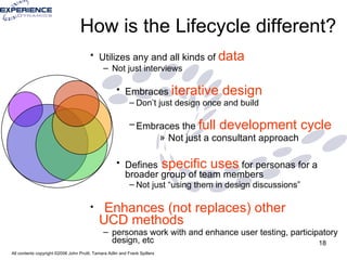 How is the Lifecycle different? Utilizes any and all kinds of  data   Not just interviews Embraces  iterative design   Don’t just design once and build Embraces the  full development cycle   Not just a consultant approach Defines  specific uses  for personas for a broader group of team members Not just “using them in design discussions” Enhances (not replaces) other  UCD methods  personas work with and enhance user testing, participatory design, etc 