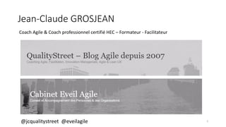 Coach Agile & Coach professionnel certifié HEC – Formateur - Facilitateur
2
Jean-Claude GROSJEAN
@jcqualitystreet @eveilag...