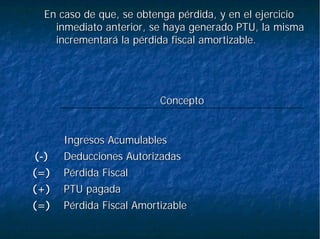 En caso de que, se obtenga pérdida, y en el ejercicioEn caso de que, se obtenga pérdida, y en el ejercicio
inmediato anterior, se haya generado PTU, la mismainmediato anterior, se haya generado PTU, la misma
incrementará la pérdida fiscal amortizable.incrementará la pérdida fiscal amortizable.
PPéérdida Fiscal Amortizablerdida Fiscal Amortizable(=)(=)
PTU pagadaPTU pagada(+)(+)
PPéérdida Fiscalrdida Fiscal(=)(=)
Deducciones AutorizadasDeducciones Autorizadas((--))
Ingresos AcumulablesIngresos Acumulables
ConceptoConcepto
 