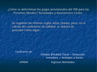 ¿Cómo se determinan los pagos provisionales del ISR para las¿Cómo se determinan los pagos provisionales del ISR para las
Personas Morales? Sociedades y Asociaciones Civiles.Personas Morales? Sociedades y Asociaciones Civiles.
1.1. Se seguirán las mismas reglas antes citadas, pero, en elSe seguirán las mismas reglas antes citadas, pero, en el
cálculo del coeficiente de utilidad, se deberá decálculo del coeficiente de utilidad, se deberá de
proceder como sigue:proceder como sigue:
Ingresos Nominalesutilidad
Utilidad (Pérdida) Fiscal + Deducción
Inmediata + Anticipos a Socios
Coeficiente de
 