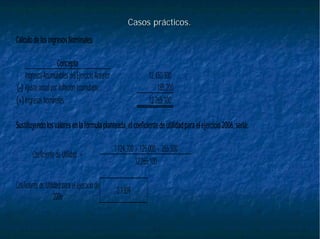 Casos prácticos.Casos prácticos.
CálculodelosingresosNominales:
Concepto
IngresosAcumulables delEjercicio Anterior 12,450,300
(-) Ajusteanualpor inflaciónacumulable 185,200
(=)Ingresos Nominales 12,265,100
Sustituyendolosvaloresenlafórmulaplanteada,elcoeficientedeutilidadparaelejercicio2006,sería:
1'124,700 +125,000 +356,500
CoeficientedeUtilidad =
12'265,100
Coeficientede Utilidadpara elejercicio de
2006
0.1309
 