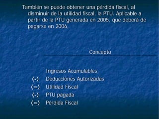 También se puede obtener una pérdida fiscal, alTambién se puede obtener una pérdida fiscal, al
disminuir de la utilidad fiscal, la PTU. Aplicable adisminuir de la utilidad fiscal, la PTU. Aplicable a
partir de la PTU generada en 2005, que deberá departir de la PTU generada en 2005, que deberá de
pagarse en 2006.pagarse en 2006.
PPéérdida Fiscalrdida Fiscal(=)(=)
PTU pagadaPTU pagada((--))
Utilidad FiscalUtilidad Fiscal(=)(=)
Deducciones AutorizadasDeducciones Autorizadas((--))
Ingresos AcumulablesIngresos Acumulables
ConceptoConcepto
 
