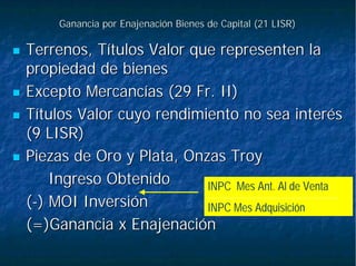 Ganancia por Enajenación Bienes de Capital (21 LISR)Ganancia por Enajenación Bienes de Capital (21 LISR)
Terrenos, Títulos Valor que representen laTerrenos, Títulos Valor que representen la
propiedad de bienespropiedad de bienes
Excepto Mercancías (29 Fr. II)Excepto Mercancías (29 Fr. II)
Títulos Valor cuyo rendimiento no sea interésTítulos Valor cuyo rendimiento no sea interés
(9 LISR)(9 LISR)
Piezas de Oro y Plata, OnzasPiezas de Oro y Plata, Onzas TroyTroy
Ingreso ObtenidoIngreso Obtenido
((--) MOI Inversión) MOI Inversión
(=)Ganancia x Enajenación(=)Ganancia x Enajenación
INPC Mes Ant. Al de Venta
INPC Mes Adquisición
 
