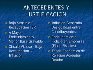 ANTECEDENTES YANTECEDENTES Y
JUSTIFICACIONJUSTIFICACION
Baja SensibleBaja Sensible
Recaudación ISRRecaudación ISR
A MayorA Mayor
EndeudamientoEndeudamiento
Menor Base GravableMenor Base Gravable
Circulo Vicioso BajaCirculo Vicioso Baja
Recaudación =Recaudación =
InflaciónInflación
Inflación GenerabaInflación Generaba
Desigualdad entreDesigualdad entre
ContribuyentesContribuyentes
EndeudamientoEndeudamiento
Ficticio en EmpresasFicticio en Empresas
(Fines Fiscales)(Fines Fiscales)
Teoría Económica deTeoría Económica de
Relación AcreedorRelación Acreedor--
DeudorDeudor
 