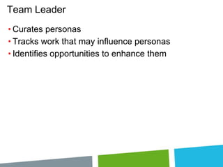 Team Leader
• Curates personas
• Tracks work that may influence personas
• Identifies opportunities to enhance them

 