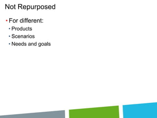 Not Repurposed
• For different:
• Products
• Scenarios
• Needs and goals

 
