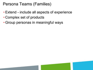 Persona Teams (Families)
• Extend - include all aspects of experience
• Complex set of products
• Group personas in meaningful ways

 
