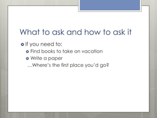 What to ask and how to ask it
 If

you need to:

Find books to take on vacation
 Write a paper
…Where’s the first place you’d go?


 