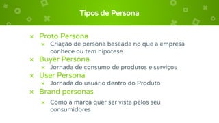 Tipos de Persona
× Proto Persona
× Criação de persona baseada no que a empresa
conhece ou tem hipótese
× Buyer Persona
× Jornada de consumo de produtos e serviços
× User Persona
× Jornada do usuário dentro do Produto
× Brand personas
× Como a marca quer ser vista pelos seu
consumidores
 