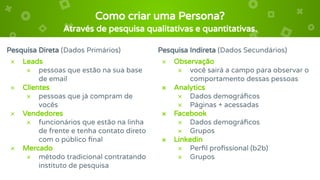 Pesquisa Direta (Dados Primários)
× Leads
× pessoas que estão na sua base
de email
× Clientes
× pessoas que já compram de
vocês
× Vendedores
× funcionários que estão na linha
de frente e tenha contato direto
com o público ﬁnal
× Mercado
× método tradicional contratando
instituto de pesquisa
Como criar uma Persona?
Pesquisa Indireta (Dados Secundários)
× Observação
× você sairá a campo para observar o
comportamento dessas pessoas
× Analytics
× Dados demográﬁcos
× Páginas + acessadas
× Facebook
× Dados demográﬁcos
× Grupos
× Linkedin
× Perﬁl proﬁssional (b2b)
× Grupos
Através de pesquisa qualitativas e quantitativas.
 