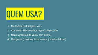 QUEM USA?
1. Marketers (estratégias, voz)
2. Customer Service (abordagem, playbooks)
3. Reps (proposta de valor, pain points)
4. Designers (cenários, taxonomias, jornadas felizes)
 