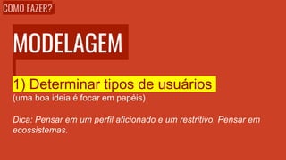 MODELAGEM
1) Determinar tipos de usuários
(uma boa ideia é focar em papéis)
Dica: Pensar em um perfil aficionado e um restritivo. Pensar em
ecossistemas.
COMO FAZER?
 