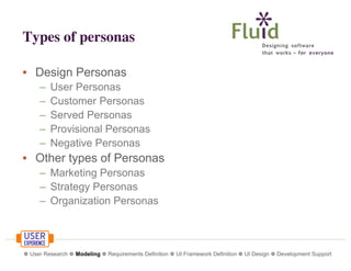 Types of personas
• Design Personas
–
–
–
–
–

User Personas
Customer Personas
Served Personas
Provisional Personas
Negative Personas

• Other types of Personas
– Marketing Personas
– Strategy Personas
– Organization Personas

❁ User Research ❁ Modeling ❁ Requirements Definition ❁ UI Framework Definition ❁ UI Design ❁ Development Support

 