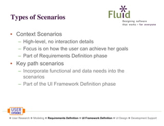 Types of Scenarios
• Context Scenarios
– High-level, no interaction details
– Focus is on how the user can achieve her goals
– Part of Requirements Definition phase

• Key path scenarios
– Incorporate functional and data needs into the
scenarios
– Part of the UI Framework Definition phase

❁ User Research ❁ Modeling ❁ Requirements Definition ❁ UI Framework Definition ❁ UI Design ❁ Development Support

 
