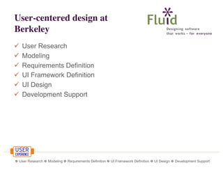 User-centered design at
Berkeley







User Research
Modeling
Requirements Definition
UI Framework Deﬁnition
UI Design
Development Support

❁ User Research ❁ Modeling ❁ Requirements Definition ❁ UI Framework Definition ❁ UI Design ❁ Development Support

 