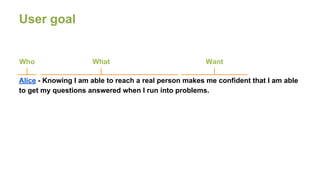 User goal
Alice - Knowing I am able to reach a real person makes me confident that I am able
to get my questions answered ...