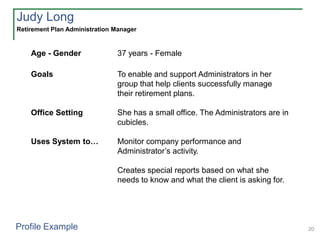 20
Age - Gender 37 years - Female
Goals To enable and support Administrators in her
group that help clients successfully manage
their retirement plans.
Office Setting She has a small office. The Administrators are in
cubicles.
Uses System to… Monitor company performance and
Administrator’s activity.
Creates special reports based on what she
needs to know and what the client is asking for.
Judy Long
Retirement Plan Administration Manager
Profile Example
 