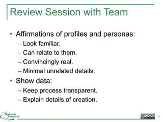Review Session with Team
• Affirmations of profiles and personas:
– Look familiar.
– Can relate to them.
– Convincingly real.
– Minimal unrelated details.
• Show data:
– Keep process transparent.
– Explain details of creation.
25
 
