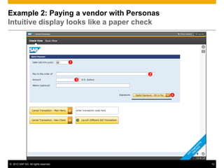 Example 2: Paying a vendor with Personas
Intuitive display looks like a paper check




                                      

                                              
                                          

                                                  




© 2013 SAP AG. All rights reserved.                   12
 
