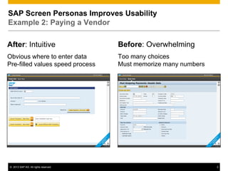 SAP Screen Personas Improves Usability
Example 2: Paying a Vendor

After: Intuitive                      Before: Overwhelming
Obvious where to enter data           Too many choices
Pre-filled values speed process       Must memorize many numbers




© 2013 SAP AG. All rights reserved.                                3
 