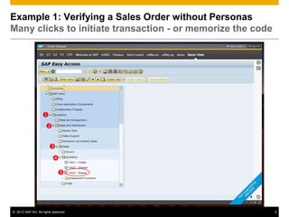 Example 1: Verifying a Sales Order without Personas
Many clicks to initiate transaction - or memorize the code




                   
                      

                        
                          
                             




© 2013 SAP AG. All rights reserved.                          5
 
