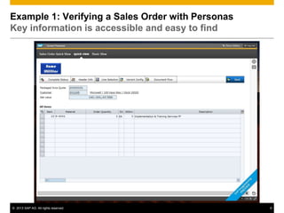 Example 1: Verifying a Sales Order with Personas
Key information is accessible and easy to find




© 2013 SAP AG. All rights reserved.                9
 