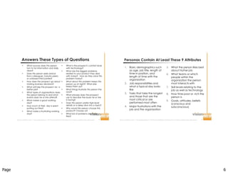Page 6
Improve  Your  Probability  for  Success  ™  |  www.visionedgemarketing.com  |  ©1999-20112VisionEdge Marketing. VEM Proprietary. Not for reproduction or redistribution without written permission. 11
Answers These Types of Questions
 What sources does this person
turn to for information and daily
news?
 Does this person seek advice
from colleagues, industry peers,
or unbiased third parties?
 How does the prospect go about
making business decisions?
 What will help this prospect do a
better job?
 What types of organizations does
this person belong to and what
events does he or she attend?
 What makes a good working
day?
 How much of their day is spent
putting out fires?
 What make a frustrating working
day?
 What is the prospect's comfort level
with technology?
 What are the biggest problems
related to your product they deal
with today? How do they solve this
problem today?
 What about this problem keeps this
person up at night? What else
keeps them up?
 What things frustrate this person the
most?
 What phrases does the prospect
use to describe the issues he or she
is facing?
 Does this person prefer high-level
details or a deep dive into a topic?
 Why would this person choose this
product? Choose us?
 What kid of problems are these
fires?
Improve  Your  Probability  for  Success  ™  |  www.visionedgemarketing.com  |  ©1999-20112VisionEdge Marketing. VEM Proprietary. Not for reproduction or redistribution without written permission. 12
1. Basic demographics such
as age, job title, length of
time in position, and
length of time with the
organization
2. Job responsibilities and
what a typical day looks
like
3. Tasks that take the longest
and those that are the
most critical or are
performed most often
4. Major frustrations with the
job and the organization
5. What the person likes best
about his/her job
6. What teams or which
people within the
organization the person
most interacts with
7. Skill levels relating to the
job as well as technology
8. How time-poor or -rich the
person is
9. Goals, attitudes, beliefs
(conscious and
subconscious)
Personas Contain At Least These 9 Attributes
 
