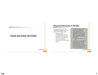 Page 9
Improve  Your  Probability  for  Success  ™  |  www.visionedgemarketing.com  |  ©1999-20112VisionEdge Marketing. VEM Proprietary. Not for reproduction or redistribution without written permission. 17
FOUR SUCCESS FACTORS
Improve  Your  Probability  for  Success  ™  |  www.visionedgemarketing.com  |  ©1999-20112VisionEdge Marketing. VEM Proprietary. Not for reproduction or redistribution without written permission. 18
Ground Personas in Reality
1. Base personas on real
marketing insights that are
relevant to the business.
 Personas take
profiles/segments and
put them into context;
context is the nature of
how your business
interacts with your target
buyer.
 “Personas that are more
rigorous and that are
communicated in the
language of business are
more likely to bring these
different groups together
and bring their strengths to
the table.”
 Steve Mulder, The User Is Always
Right
 “The power and danger of
personas is their realism.
Good personas use this
realism to drive authentic
understanding deep into the
heart of an organization.”
 Todd Wilkins, Adaptive Path, ATX
 
