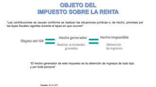 “Las contribuciones se causan conforme se realizan las situaciones jurídicas o, de hecho, previstas por
las leyes fiscales vigentes durante el lapso en que ocurren”
Fuente: Art 6 CFF.
“El hecho generador de este impuesto es la obtención de ingresos de todo tipo
y por toda persona”
 