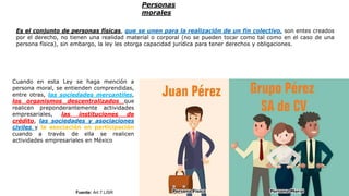Personas
morales
Es el conjunto de personas físicas, que se unen para la realización de un fin colectivo, son entes creados
por el derecho, no tienen una realidad material o corporal (no se pueden tocar como tal como en el caso de una
persona física), sin embargo, la ley les otorga capacidad jurídica para tener derechos y obligaciones.
Cuando en esta Ley se haga mención a
persona moral, se entienden comprendidas,
entre otras, las sociedades mercantiles,
los organismos descentralizados que
realicen preponderantemente actividades
empresariales, las instituciones de
crédito, las sociedades y asociaciones
civiles y la asociación en participación
cuando a través de ella se realicen
actividades empresariales en México
Fuente: Art 7 LISR
 