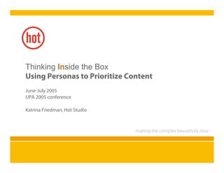 Thinking Inside the Box
Using Personas to Prioritize Content
June-July 2005
UPA 2005 conference

Katrina Friedman, Hot Studio
 