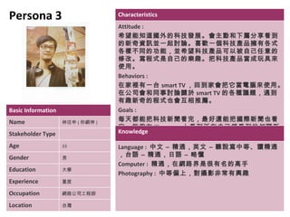 Persona 3                         Characteristics
                                  Attitude :
                                  希望能知道國外的科技發展。會主動和下屬分享看到
                                  的新奇資訊並一起討論。喜歡一個科技產品擁有各式
                                  各樣不同的功能，並希望科技產品可以被自己任意的
                                  修改。寫程式是自己的樂趣。把科技產品當成玩具來
                                  使用。
                                  Behaviors :
                                  在家裡有一台 smart TV ，回到家會把它當電腦來使用。
                                  在公司會和同事討論關於 smart TV 的各種議題，遇到
                                  有趣新奇的程式也會互相推薦。
Basic Information                 Goals :
Name                林往申 ( 你網神 )
                                  每天都能把科技新聞看完，最好還能把國際新聞也看
                                  完。能夠在 Time.com 上看到所有自己想看到的知識新
Stakeholder Type                  Knowledge
                                  聞。
Age                 33            Language : 中文 – 精通，英文 – 聽說寫中等、讀精通
Gender              男
                                  ，台語 – 精通，日語 – 略懂
                                  Computer : 精通，在網路界是很有名的高手
Education           大學
                                  Photography : 中等偏上，對攝影非常有興趣
Experience          重度

Occupation          網路公司工程師

Location            台灣
 