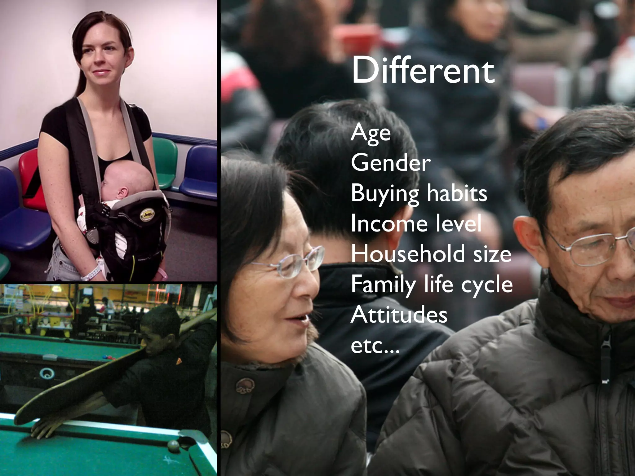 Imaginary personas
Different
Age
Gender
Buying habits
Income level
Household size
Family life cycle
Attitudes
etc...
 