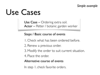 Steps / Basic course of events
1. Check what has been ordered before.
2. Renew a previous order.
3. Modify the order to suit current situation.
4. Place the order.
Alternative course of events
In step 1. check favorite orders.
Use Cases
Simple example
Use Case – Ordering extra soil.
Actor – Petter / botanic garden worker
 