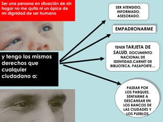 Ser una persona en situación de sin hogar no me quita ni un ápice de mi dignidad de ser humano y tengo los mismos derechos que cualquier ciudadano a: PASEAR POR LOS PARQUES, SENTARME A DESCANSAR EN LOS BANCOS DE LAS CIUDADES Y  LOS PUEBLOS. EMPADRONARME TENER  TARJETA DE SALUD , DOCUMENTO NACIONAL DE IDENTIDAD,CARNET DE BIBLIOTECA, PASAPORTE… SER ATENDIDO, INFORMADO, ASESORADO. 