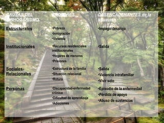 Episodio de la enfermedad Pérdida de apoyo Abuso de sustancias Discapacidad-enfermedad crónica Dificultad de aprendizaje Adicciones Personas Salida Violencia intrafamiliar Vivir solo Estructura de la familia Situación relacional Rotura Sociales-Relacionales Salida Recursos residenciales institucionales Hogares de menores Prisiones Institucionales Impago/desalojo Pobreza Inmigración Vivienda Estructurales DESENCADENANTES de la situación FACTORES CAUSAS DEL SINHOGARISMO 