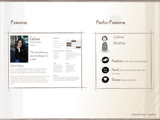 Persona

Proto-Persona
Celine
Mother

Problem: Kids with food allergies
Need: Tips and tools to help care
for them.

Desire: Easy and Quick

Dara Pressley - @uxdiva

 