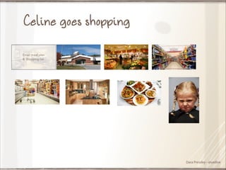 Celine goes shopping
Email meal plan
& Shopping list

Dara Pressley - @uxdiva

 