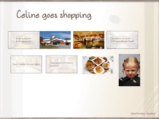 Celine goes shopping
Tips about where to
find hypo-allergic foods

Email meal plan
& Shopping list

Teach children to read labels

Time savers and helpful
products

Dara Pressley - @uxdiva

 