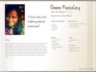 Dara Pressley
Wife & Mother

“I love, love, love
talking about
personas!”

Experience Architect
Devices & Networks
•
•
•
•
•

Story
My mother wanted me to follow after her and become a computer programmer. But
a natural artist, I wanted to spend my time in writer’s workshop, theater, and the
dance studio. So I spent my life going back and forth between her world and mine.
Dancing from the time I was 2. Building my first computer game on an Atari when I
was 7. Having one of the first personal computers in our neighborhood — took up
most of the kitchen table. Enrolling in a performance arts school in 7th grade. Got a
Mac in 1984 and never looked back. Learned desktop layout to create a newspaper.
Majored in English and then Writing. Teaching classes both on fiction writing and
computing. On and on until finally my two worlds collided in the field of web
design.

iMac
iPad Mini
iPhone 4s
Kindle Fire
Twitter

Hobbies
•
•
•
•

Sims 3 - Oh Yeah!
Reading
Fiction writing
(sometimes)
What ever my kids or
husband want to do
(mostly)

Previous Life
•
•
•

Poet | Fiction Writer | Tech Writer
Writing Instructor
Computer Instructor

Goals
To one day finish my
novel!

Fun Fact
My grandfather was an
official griot - a
Trinidadian storyteller.

Dara Pressley - @uxdiva

 