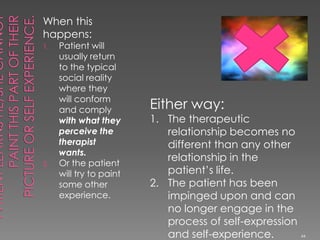 When this
happens:
1. Patient will
usually return
to the typical
social reality
where they
will conform
and comply
with what they
perceive the
therapist
wants.
2. Or the patient
will try to paint
some other
experience.
Either way:
1. The therapeutic
relationship becomes no
different than any other
relationship in the
patient’s life.
2. The patient has been
impinged upon and can
no longer engage in the
process of self-expression
and self-experience. 44
 