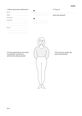 PERSONA
Nome
1. Quem queremos influenciar? 2. O que é
para essa pessoa?Idade
Ocupação
Interesses
Outros
3. O que gostaríamos de mudar
nas práticas, opiniões ou
sentimentos dessa pessoa?
4. Por que isso ainda não
está acontecendo?
”
”
 