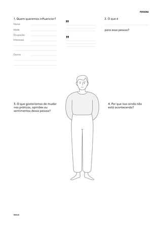 PERSONA
Nome
1. Quem queremos influenciar? 2. O que é
para essa pessoa?Idade
Ocupação
Interesses
Outros
3. O que gostaríamos de mudar
nas práticas, opiniões ou
sentimentos dessa pessoa?
4. Por que isso ainda não
está acontecendo?
”
”
 