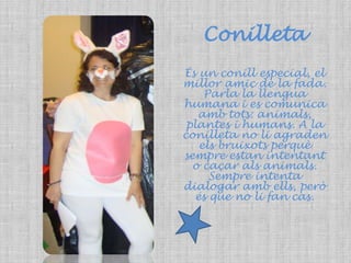 ConilletaÉs un conill especial, el millor amic de la fada. Parla la llengua humana i es comunica amb tots: animals, plantes i humans. A la conilleta no li agraden els bruixots perquè sempre estan intentant o caçar als animals. Sempre intenta dialogar amb ells, però és que no li fan cas. 