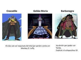 Els dos van ser expulsats del títol per perdre contra en
Monkey D. Luffy.
Crocodile Gekko Moria Barbanegra
Va dimitir per poder ser
Yonko.
Explicat a la diapositiva 19
 