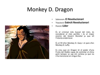 Monkey D. Dragon
• Sobrenom: El Revolucionari
• Tripulació: Exèrcit Revolucionari
• Posició: Líder
És el criminal més buscat del món, és
considerat el més perillós i és el major
enemic del Govern Mundial ja que ell
l’intenta enderrocar.
És el fill d’en Monkey D. Garp i el pare d’en
Monkey D. Luffy.
Es creu que en Dragon té el poder d’una
Fruita del Diable capaç de controlar el clima
però tampoc se sap em certesa ja que no
s’ha mencionat en ningun lloc.
 