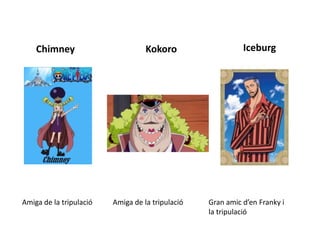 Chimney Kokoro Iceburg
Amiga de la tripulació Amiga de la tripulació Gran amic d’en Franky i
la tripulació
 