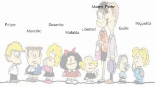 Libertad
Madre Padre
Mafalda
Felipe Miguelito
Guille
Susanita
Manolito
 