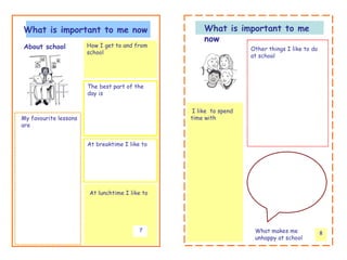 What is important to me now                          What is important to me
                                                     now
About school           How I get to and from
                                                                   Other things I like to do
                       school
                                                                   at school




                       The best part of the
                       day is


                                                 I like to spend
My favourite lessons                            time with
are


                       At breaktime I like to




                       At lunchtime I like to




                                          7                         What makes me              8
                                                                    unhappy at school
 